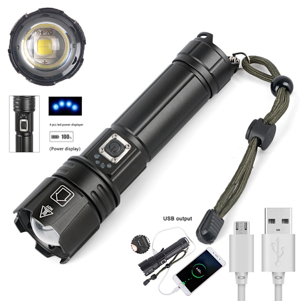 Ficklampa USB-laddningsingång och -utgång teleskopisk zoom strömdisplay