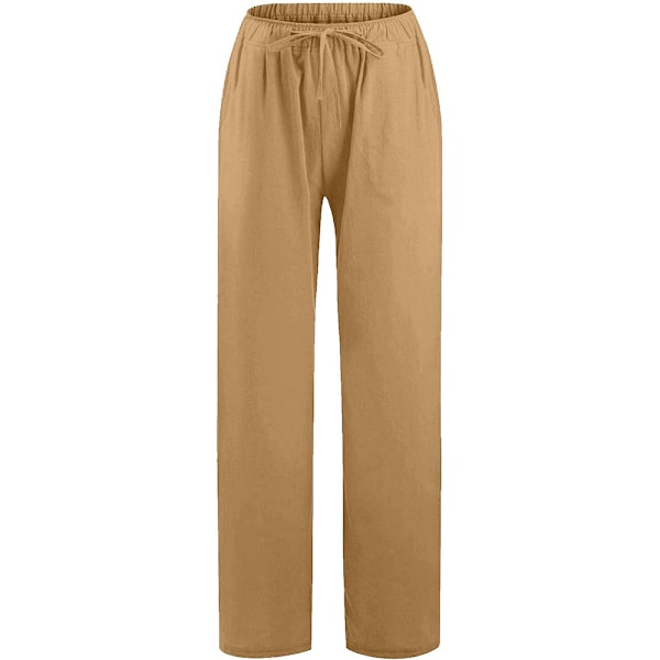 Dame Bomuldslinned Bukser Sommer Brede Ben Casual Løs Snørebånd Høj Talje Palazzo Bukser Bukser Med Lommer XL Khaki