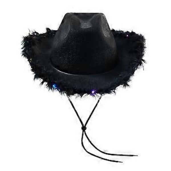 Lysande Cowboyhattar för Kvinnor Fluffig Fjäderbrätte Led Cowgirl Hatt för Möhippa, Maskerad, Utklädning (Svart)