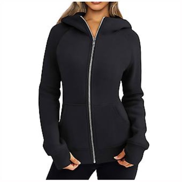 Dragkedja Hoodie för Kvinnor Fleecejackor Tröjor Höstkläder Tröjor Med Fickor Vinter Y2k Kläder L Svart