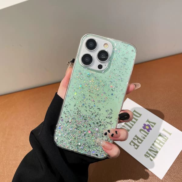 Passar iPhone 14 Pro: Stöttåligt heltäckande mobilskal med glitter - grön