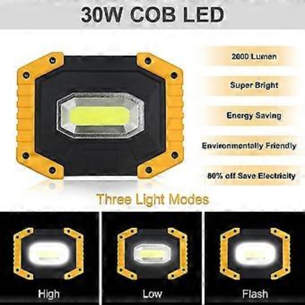 Genopladelig 30W LED Projektør 2000LM Arbejdslampe med 4X 18650 Batteri 3 Tilstande Bærbar Lanterne USB LED Projektør til