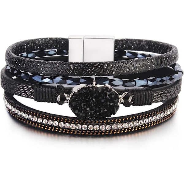 Sort Boho Læder Wrap Armbånd Bohemian Krystal Armbånd Trendy Lagdelt Armbånd med Magnetisk Lås Stakbar Juvel