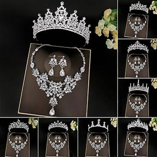 Brude Tiara Kronesæt med Øreringe Kit & Halskånd Håndlavet Luksus Krystal Hårtilbehør til Fest Prom Ny(11 )