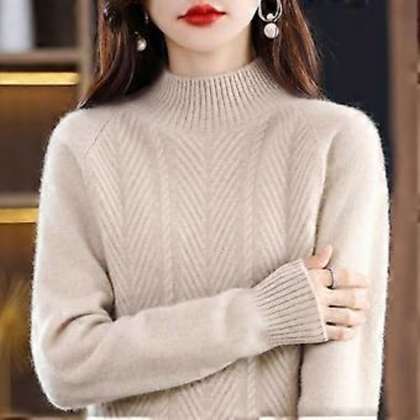 Ren Cashmere Sweater Pullover Dame Efterår og Vinter Halvhøj Krave Ensfarvet Casual Langærmet Strikket Bundtrøje Top (L abrikos)