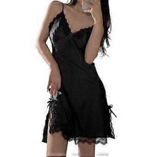 Naisten Seksikäs Pitsi-Chemise Yöpaita Spaghettihihnallinen Chemises Yöpaita Sivuhaara Yöasu Mekko (XL musta)