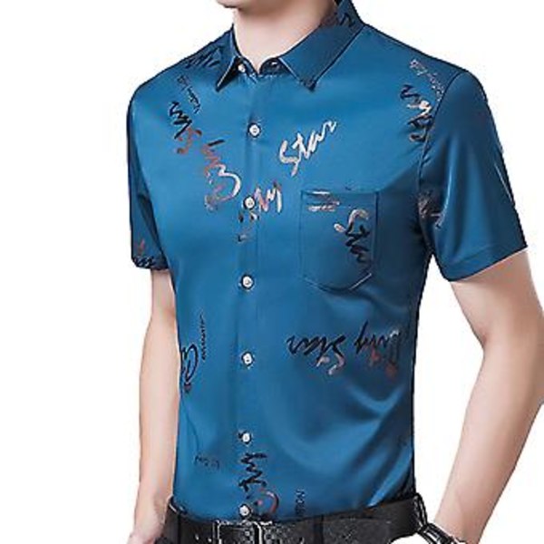Fianao Miesten Sosiaalinen Paita Kirjain Tasku Kesä Käännetty Kaulus Ohut Yläosa Juhliin (2XL Järvi Sininen)