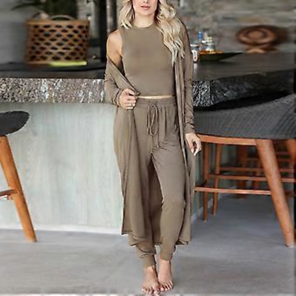3-delat Pyjamas Set för Kvinnor Höst Vinter Hemkläder Set 3-delat Loungewear Set Väst Byxor Kavaj Set (XXL Khaki)