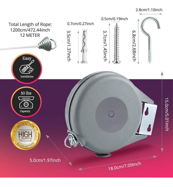 15m Retractable Clothesline, Very Strong and Durable Clothes Rack
