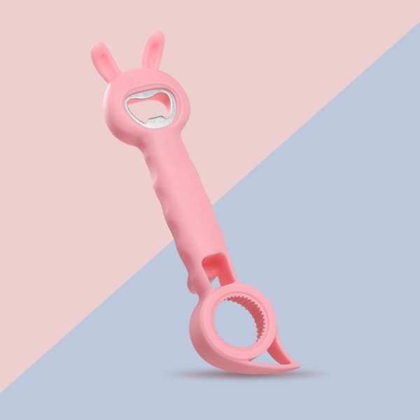 2 kaninformede ølflaskeåbnere (pink, blå), sød dåseåbner