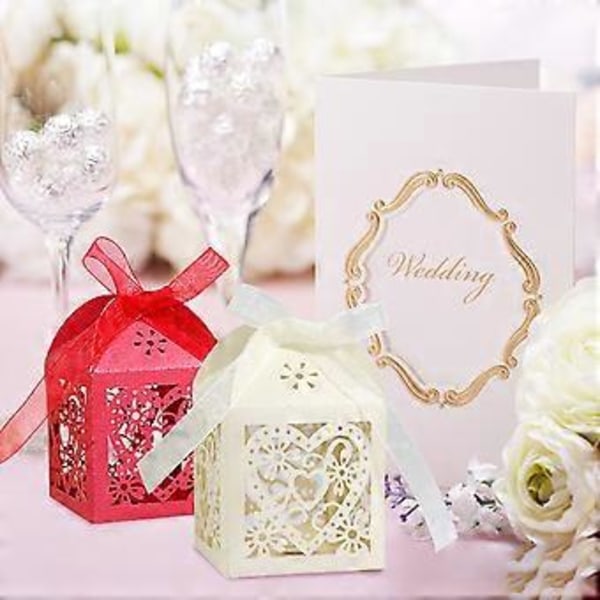 Paket med 50 Blommiga Favoritaskar, Kärlekshjärta Godisask Dekorativ Sockerask Presentaskar Bröllopsdusch Årsdag Födelsedagsfest Bröllopsgåva (vit)