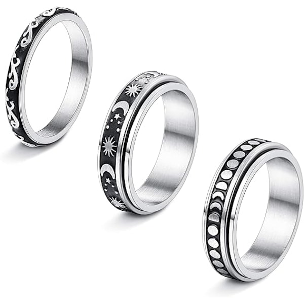 3-delt sett med fidgetspinner-ringer i rustfritt stål for kvinner og menn, måne-stjerne