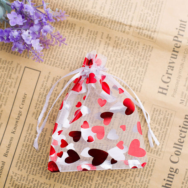 100 st, 7 x 9 cm Röda Hjärtan Organza Presentpåsar med Dragkedja