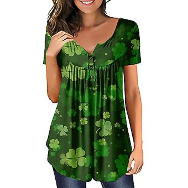 St. Patricks Dag Henley Skjorte Kvinder Kortærmet Tunika Tee T-shirt Lucky Clover Trykte Toppe Løse Tee Bluser (XL A)