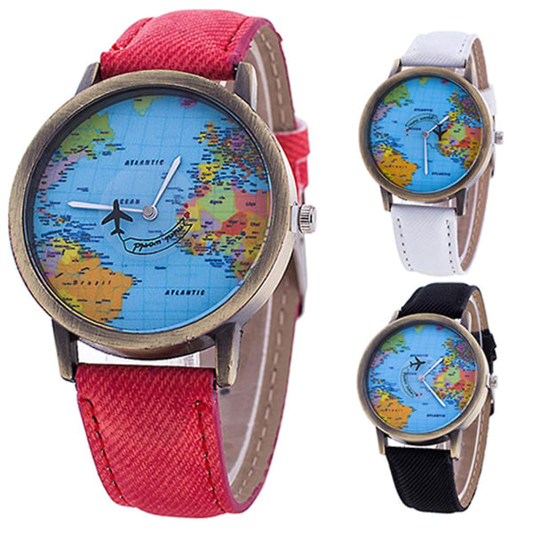 Farfi Women's World Map Dial Denim Fabric Strap Analog Quartz Students Wrist Watch Red