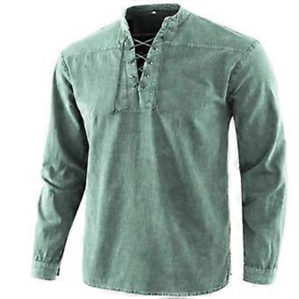 Mænds Almindelig Vintage Skjorte Langærmet Casual V-Hals Snøre Træktråd Tee Tops Retro T-Shirts Plus Size (S Grøn)