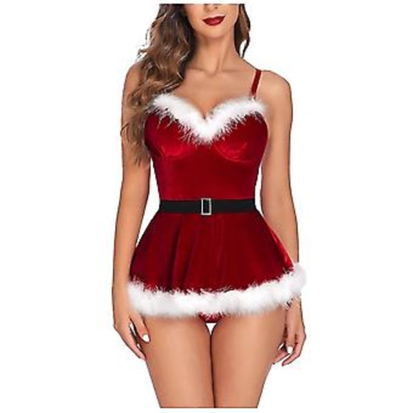 Damunderkläder Set Nattkläder Stålring Pyjamas Strumpebandsklänning Set Sexig Jul Plysch Slank Klänning Jultomten Cosplay Kostym (XL Röd)