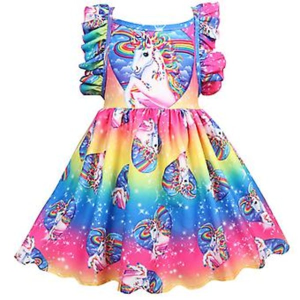 3-8 Years Kids Girls Unicorn Ruffle Sundress Party Rainbow Swing Dress(7-8 Years )