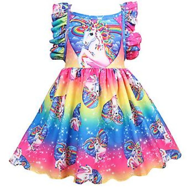 Flickor Barn Unicorn Tryckt Rufflad Sommarklänning Fest Gradient Regnbåge Swing Klänning (4-5 År)