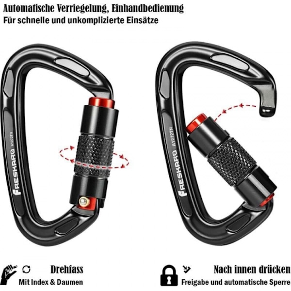 4 stk. klatrekarabiner, automatiske låsekarabiner, 25kN-2550kg