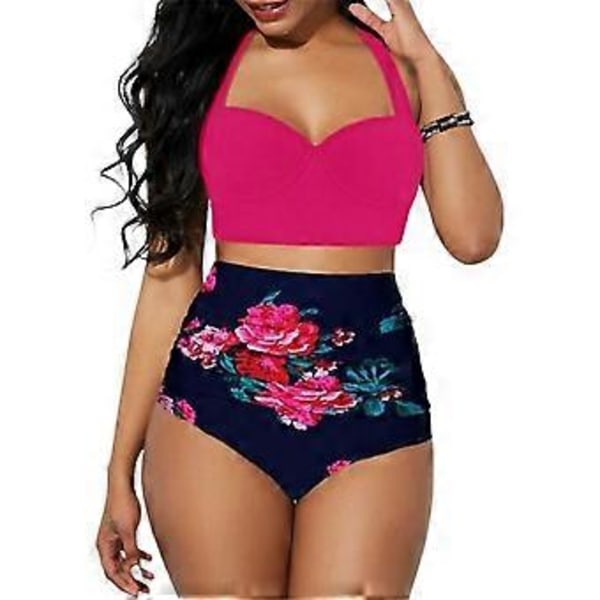 Bikinisett for kvinner med trykk, polstret bh-topp, høy midje, badedrakt for sommer, strandferie, badetøy (2XL Roserød)