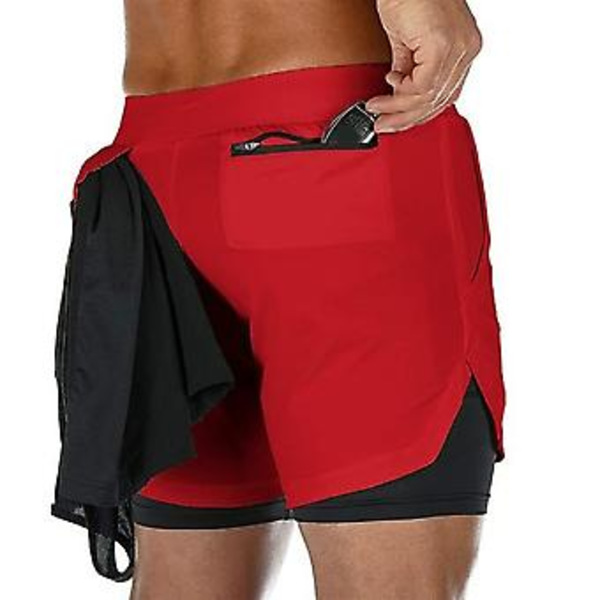 Löparshorts för män, avslappnade utomhus, lösa, med flera fickor, dubbellager, träningshorts för träning (XXXL 858 Röd)