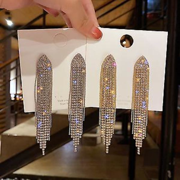 2023 Nye Mote Ørepynt Damer Overdrevne Gull Sølv Farge Lange Kvaster Rhinestone Ørepynt Bryllup Smykker Bursdagsgave-ed197 ( ED113)