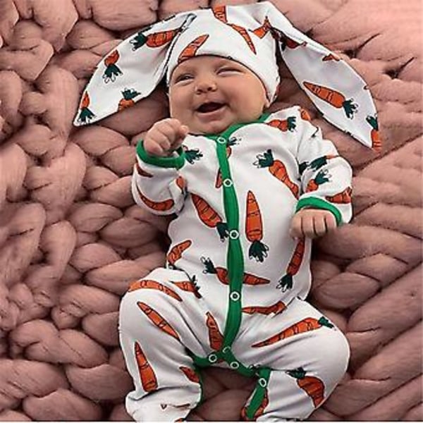 Spädbarnskläder för påsk - Kanin-Romper Jumpsuit Pyjamas med Kaninöron-Mössa Set för Babyfotografering (0-3M)