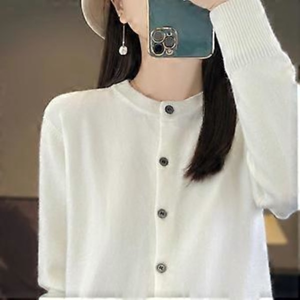 Forår og efterår dame cardigan ensfarvet rund hals enkeltknappet strikket bund dame sweater jakke (2XL hvid)