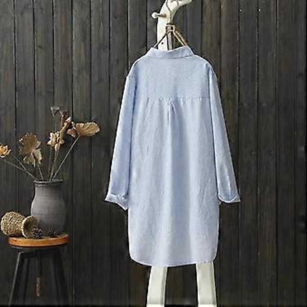 Forår og efterår broderi langærmet bomuld linned skjorte dame nålestribet kunst stor størrelse løs skjorte top dame (L blå)