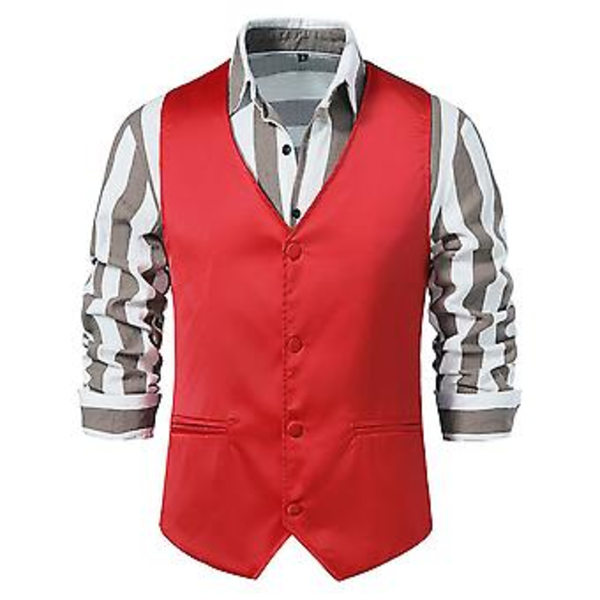 Herrar Solid V-ringad Casual Enkelknäppt Kostymväst Business Formal Kontorsväst Med Fickor (M Röd)