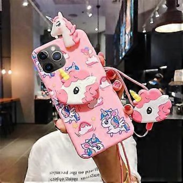 Yksisarvisen puhelinote iPhone 12 Pro Max 6.7:lle, narulla, 3D-piirros, söpö joustava teline, suojakotelo, iPhone 12 Pro Max -kotelo, kawaii, muodikka