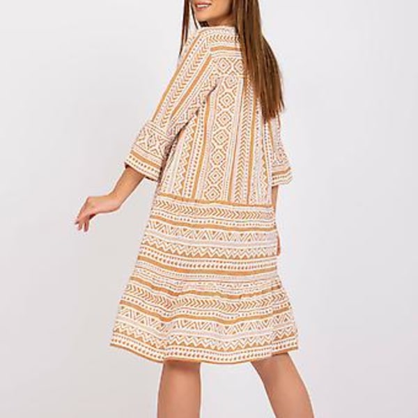 V-hals Lang Kjole til Kvinder 3/4 Ærme Åndbar Mode Løstsiddende Kant Print Kjole til Daglig Casual Fest (XL Gul)
