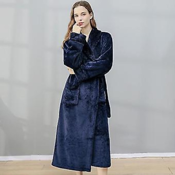 Män Kvinnor Vinter Dressing Gown Badrock Varm Tjock Fleece Robes Loungewear (XL Marinblå Kvinna)