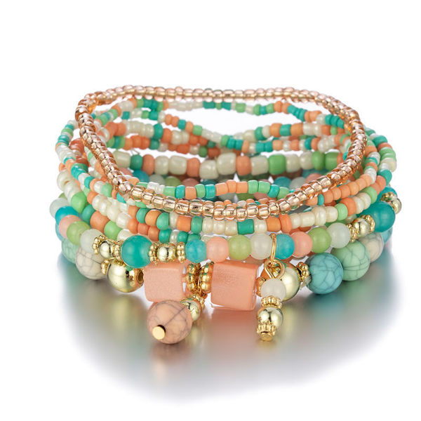 6 stk. Bohemian Stakbare Perle Armbånd Multilag Elastiske Armbånd