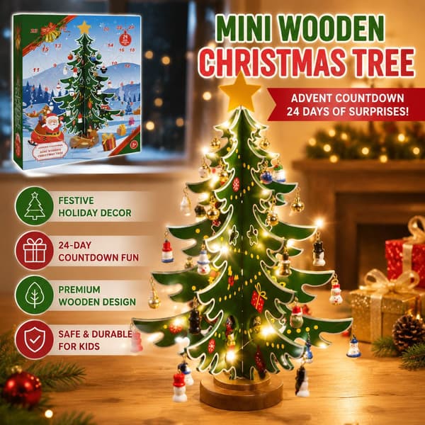 Julekalender i tre, minijuletre-sett, 24-dagers nedtelling, borddekorasjon med LED-lys og 36 pynteting