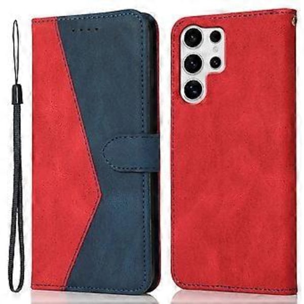 Fodral till Samsung Galaxy S25 Ultra, färgskarvad plånboksfodral i läder med handledsrem (Stil B)