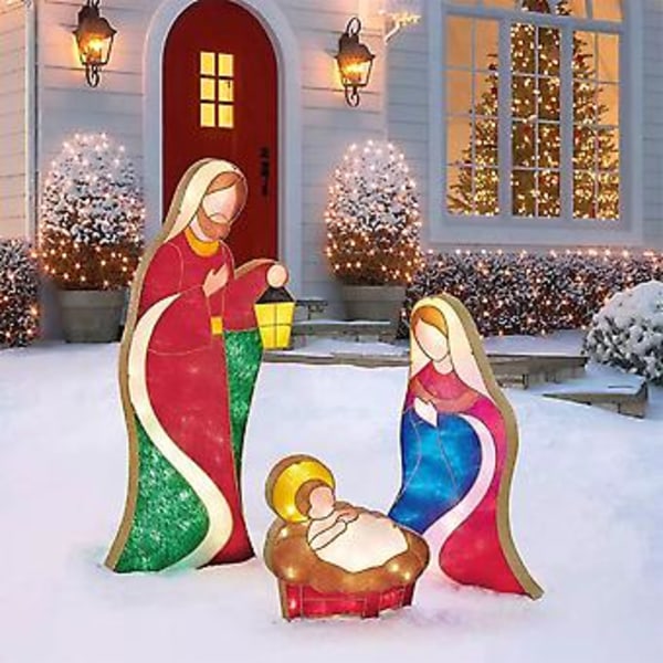 Nativity Scene Light Up Led Christmas Birth Of Jesus Silhouette With Stakes Outdoor Garden Yard Lamp Decor Xmas Festival Ornaments( E)