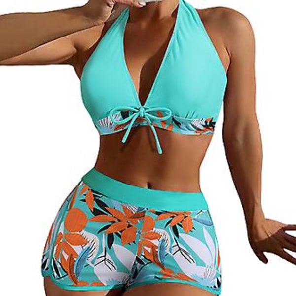 Dame Badetøj Bikini Sæt med Bladprint, Halterneck BH med Sløjfe, Højtaljet Shorts, Sommer Strandtøj (XL Søblå)