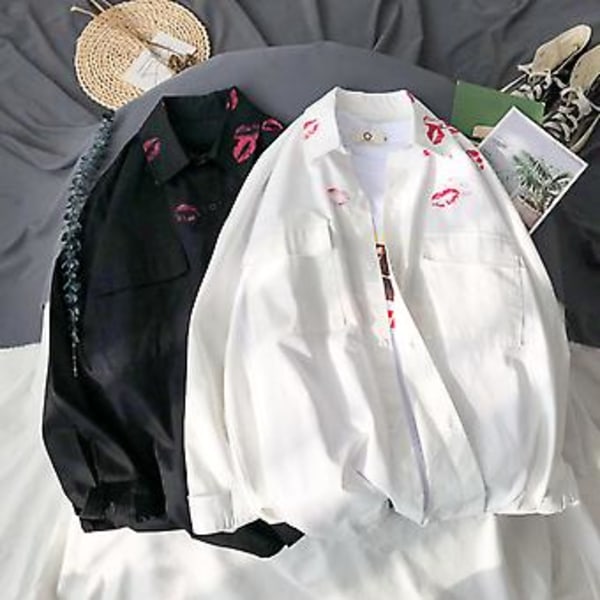Skjorta med krage, långa ärmar, fickor med lock, enkelknäppt, herr, vår/höst, kyssprint, casual (2XL Vit)