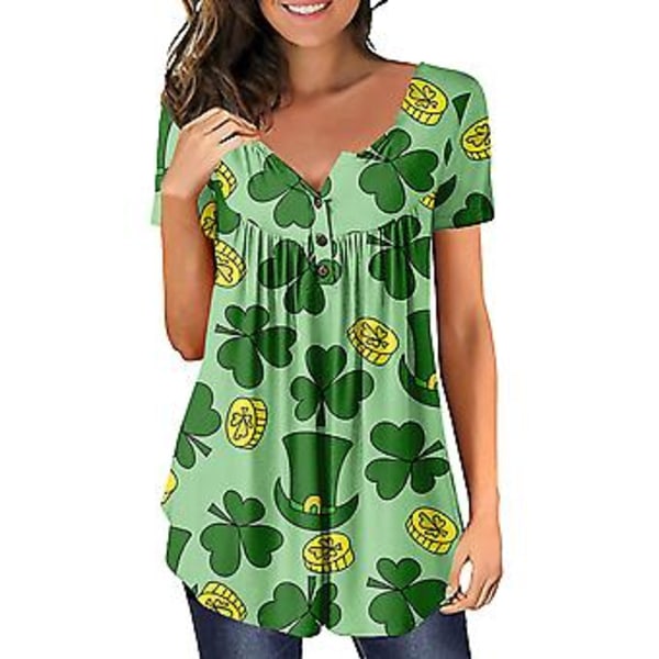 St. Patricks Dag Kvinders Lucky Shamrock Clover Print Tunika Toppe Sommer Løse T-shirts Irske Dag Casual Kortærmet Tee Bluser (XL B)