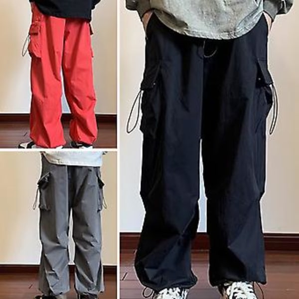 Män Cargo Byxor Snörning Flera Fickor Enfärgad Lös Hip Hop Streetwear Ankelband Elastisk Midja Män Sommarbyxor Manliga Kläder (XL Grå)