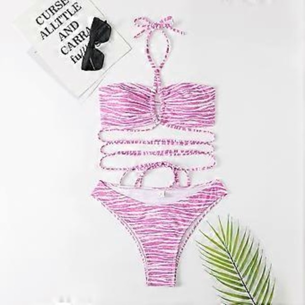 Sexig halterneck-bikini med korsade band fram och hög skärning, stringtrosa, 2-delat set för dam (M Rosa)