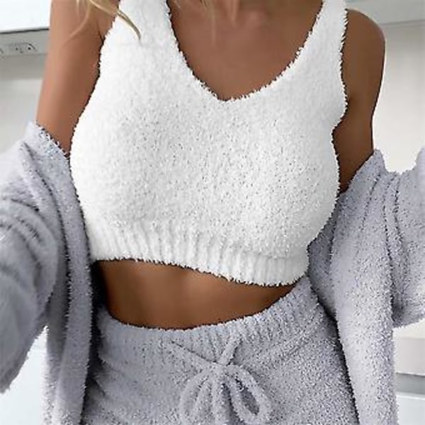 Mukava 3-osainen neulottu setti naisille - Lämmin ja seksikäs pörröinen fleece-pyjama S harmaa