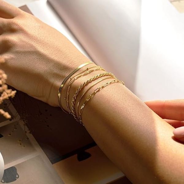 Guld Armbånd til Kvinder Vandtæt 14K Ægte Guld Smykkesæt til Kvinder Trendy Tynde Spinkle Stakbare Cubanske Led Papirclips Kæde Armbånd Sæt Mode Tilbehør Sterling Sølv Gaver til Kvinder Piger