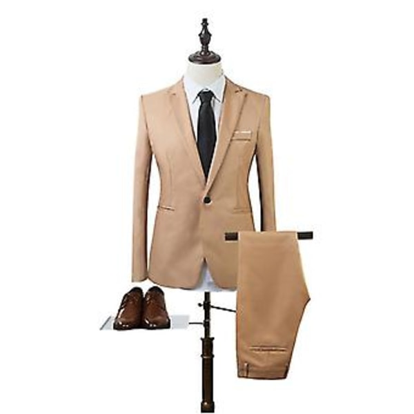 Herrar Business Formal Kostym Byxor Set Slim Fit Bröllop Krage Blazer Kavaj Byxor Outfits (L Khaki)