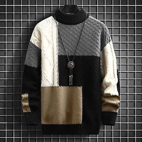 Herrar Stickad Tröja Färgmatchning Vild Långärmad Preppy Stil Delikat Textur Håll Varmt Polyester Anti-krymp Höst Casual Stickat (L Aprikos)
