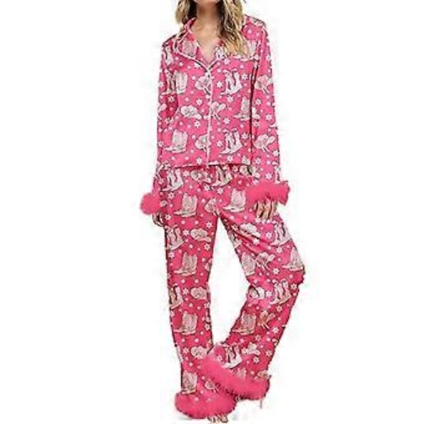 Naisten höyhenkoristeinen pyjamasetti pitkähihainen napitettava yläosa ja housut 2 osaa Lounge Set Satiini Pjs Pyjamas Sleepwear (L Vesimeloni Punainen)