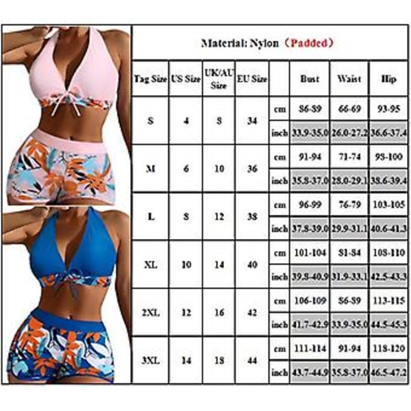 Damebladtrykt polstret bikinisett med halter-bh, sløyfetopp, høy midje, gutteshorts, badedrakt, sommerstrandbadetøy (XL oransje)