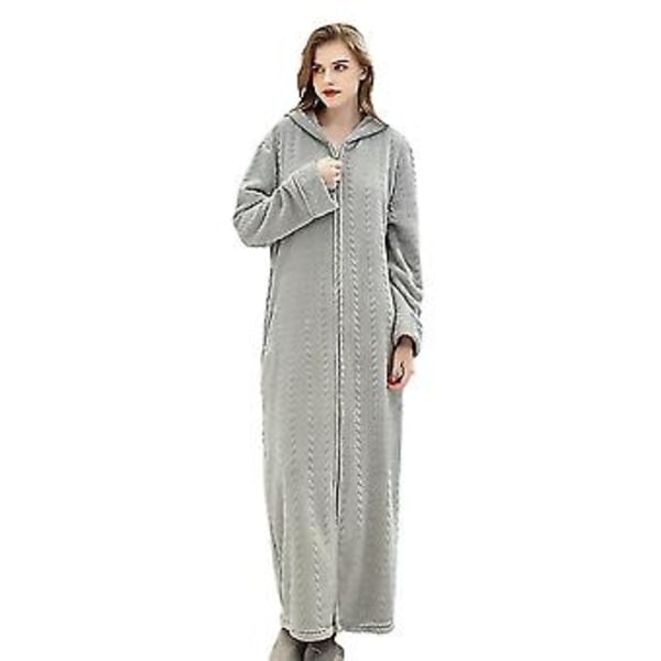 Dame Lang Kåbe med Hætte Natkjole Flanel Badekåbe Lynlås (XL Lysegrå)
